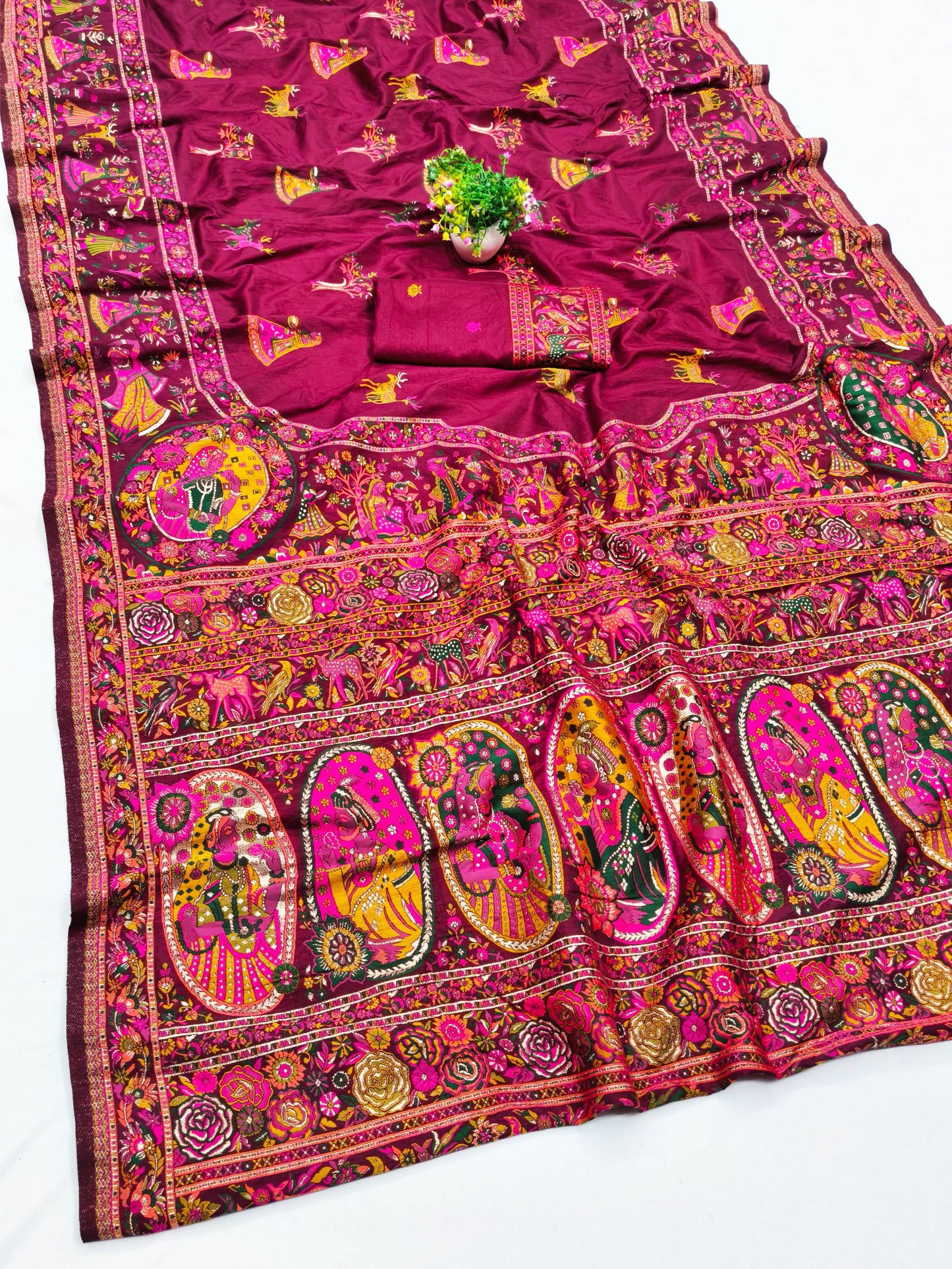 Smashing Wine Nylon Dola Pashmina Saree With Embellished Blouse Piece
