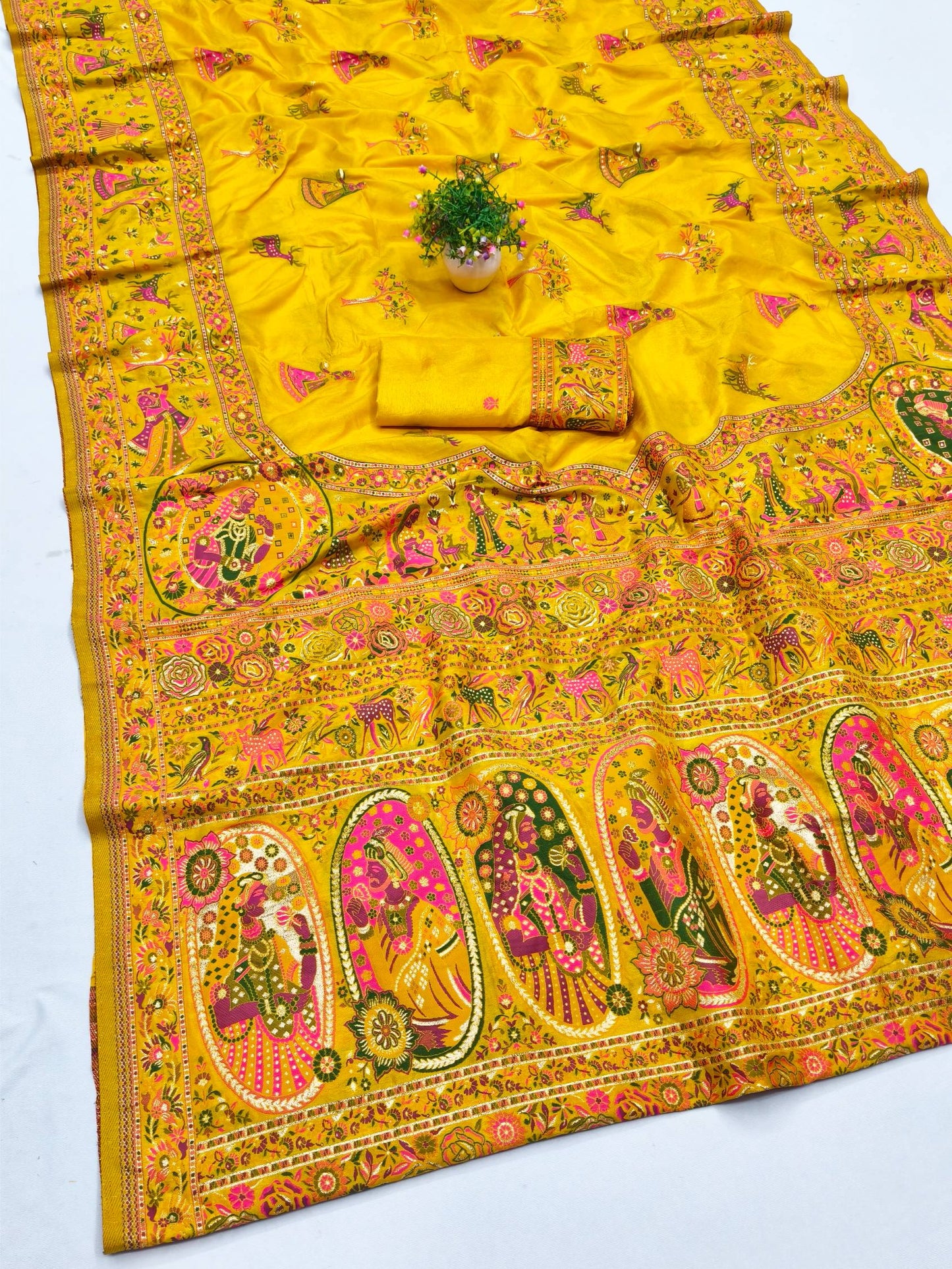 Artistic Yellow Nylon Dola Pashmina Saree With Lagniappe Blouse Piece