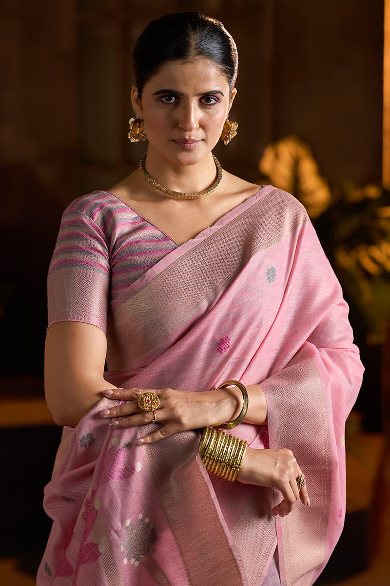 Skinny Baby Pink Cotton Silk Saree With Impressive Blouse Piece