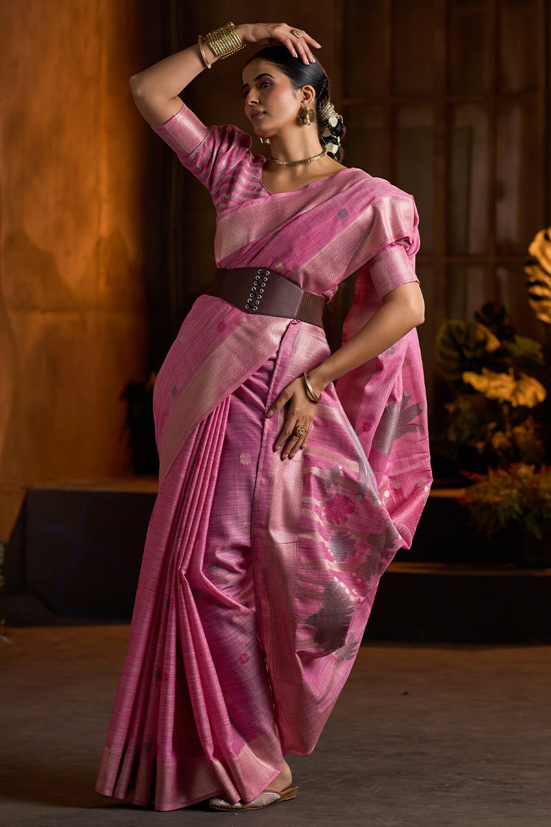 Amazing Dark Pink Cotton Silk Saree With Elaborate Blouse Piece