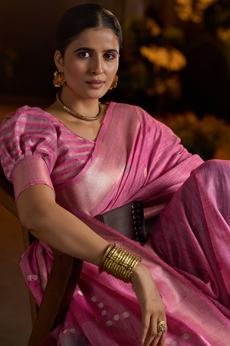 Amazing Dark Pink Cotton Silk Saree With Elaborate Blouse Piece