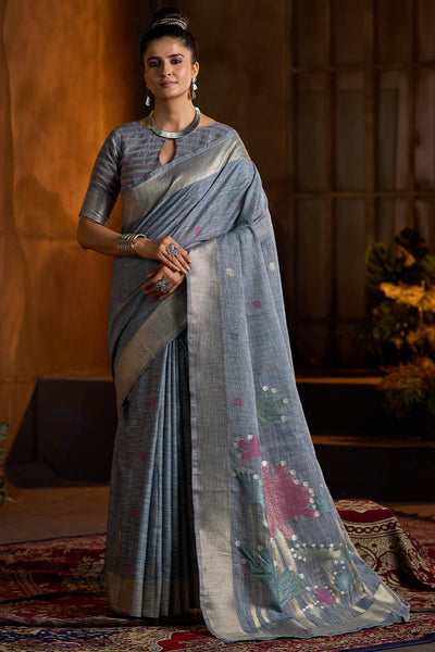 Aplomb Grey Cotton Silk Saree With Devastating Blouse Piece
