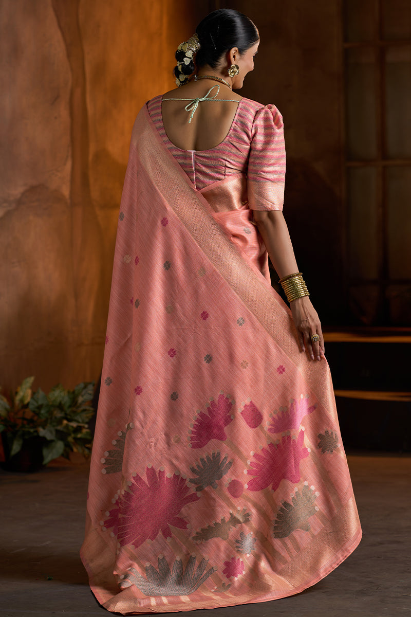 Admirable Peach Cotton Silk Saree With Beguiling Blouse Piece