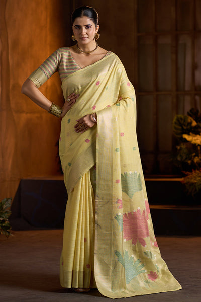 Bucolic Yellow Cotton Silk Saree With Twirling Blouse Piece