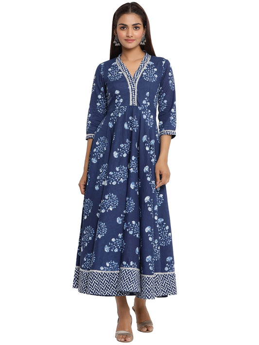 Jaipuri Cotton Floral Printed Anarkali/Flared Kurti for Women (Royal Blue)