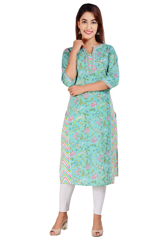 Jaipuri Cotton Printed Straight Kurti for Women Royal Sea Green