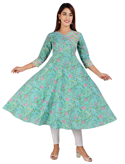 Womens Cotton Floral Print Angrakha Anarkali Kurta