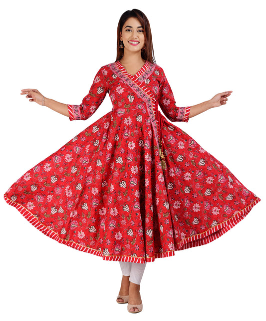 Floral Printed V-Neck Angrakha Front-Open Cotton Kurta