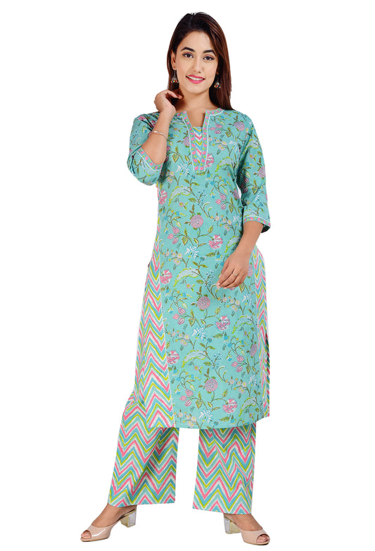 Jaipuri Cotton Printed Straight Kurta with Palazzos Set for Women