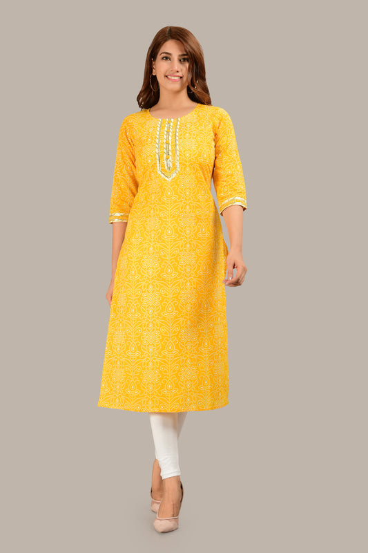 Women Yellow Leheriya Work Indie Prints Straight Kurta