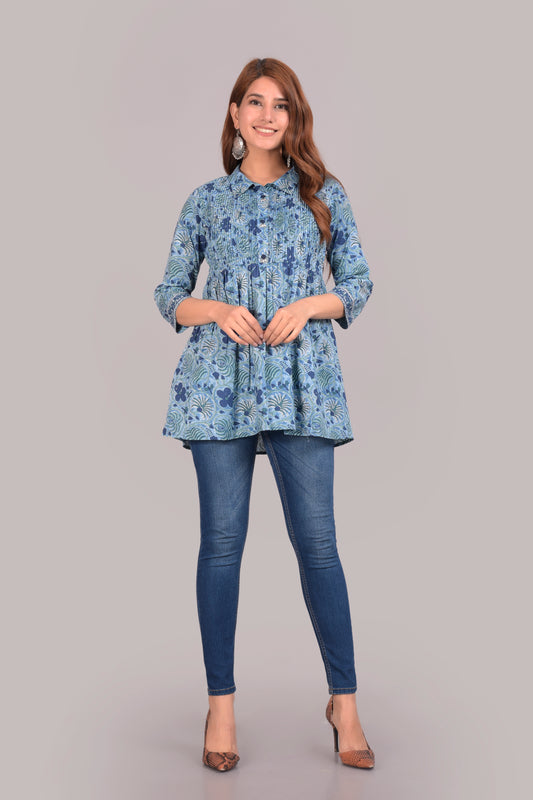 Jaipuri Cotton Stylish Printed Pintucks/Pintex Top for Women