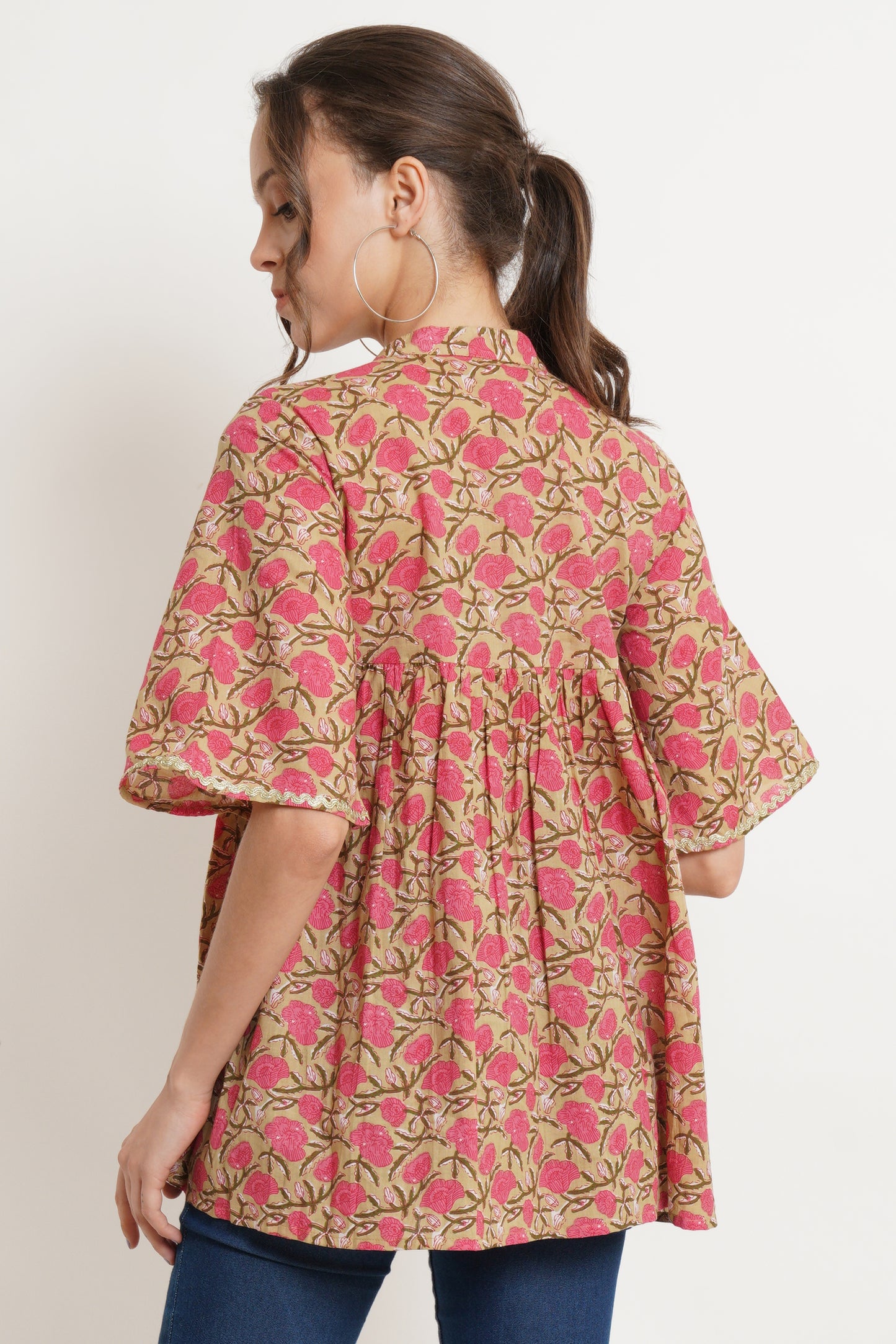 Jaipuri Cotton Printed Bell Sleeves Loose Fit Shirt for