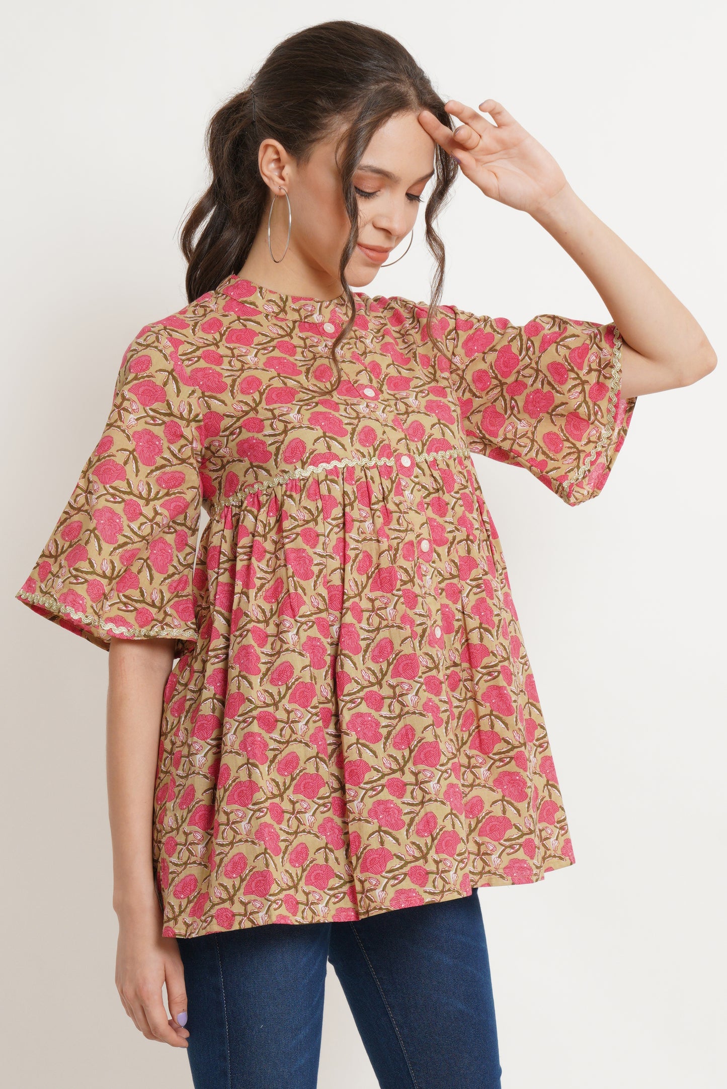 Jaipuri Cotton Printed Bell Sleeves Loose Fit Shirt for