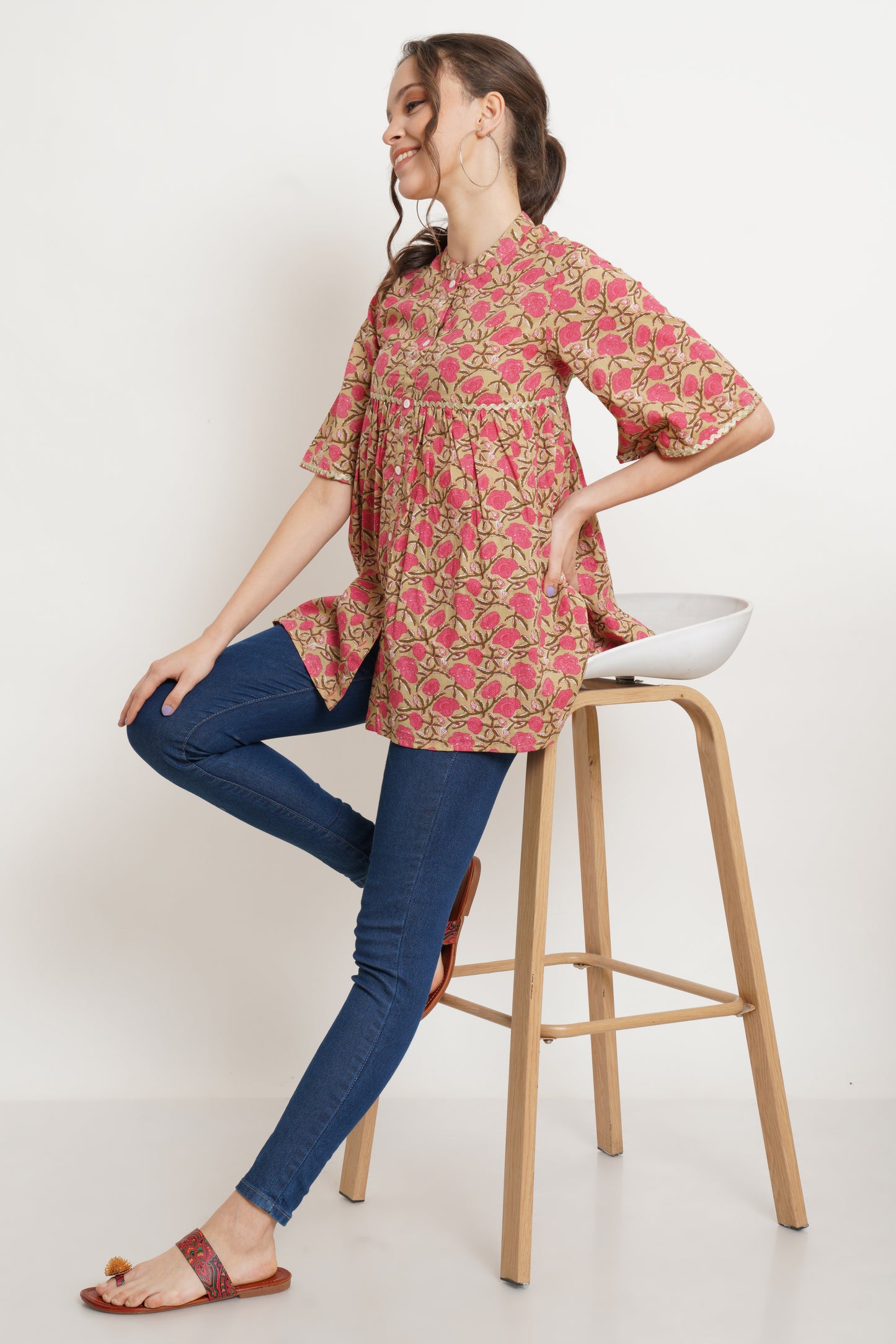 Jaipuri Cotton Printed Bell Sleeves Loose Fit Shirt for