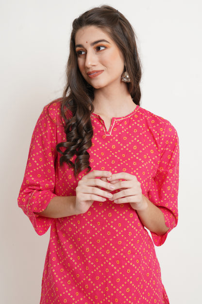 Jaipuri Cotton Printed Straight Kurti with Pant (Set) for Women