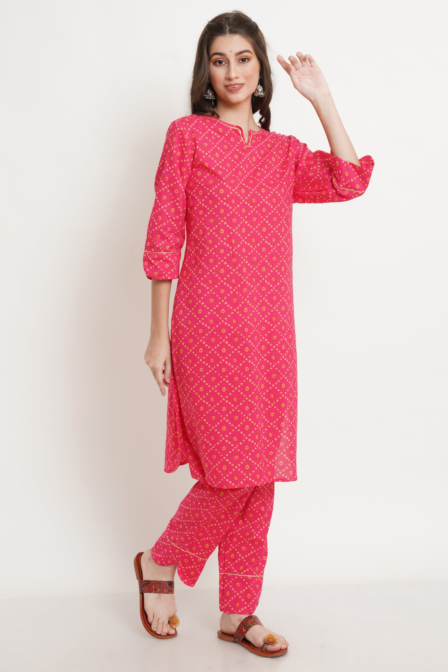 Jaipuri Cotton Printed Straight Kurti with Pant (Set) for Women