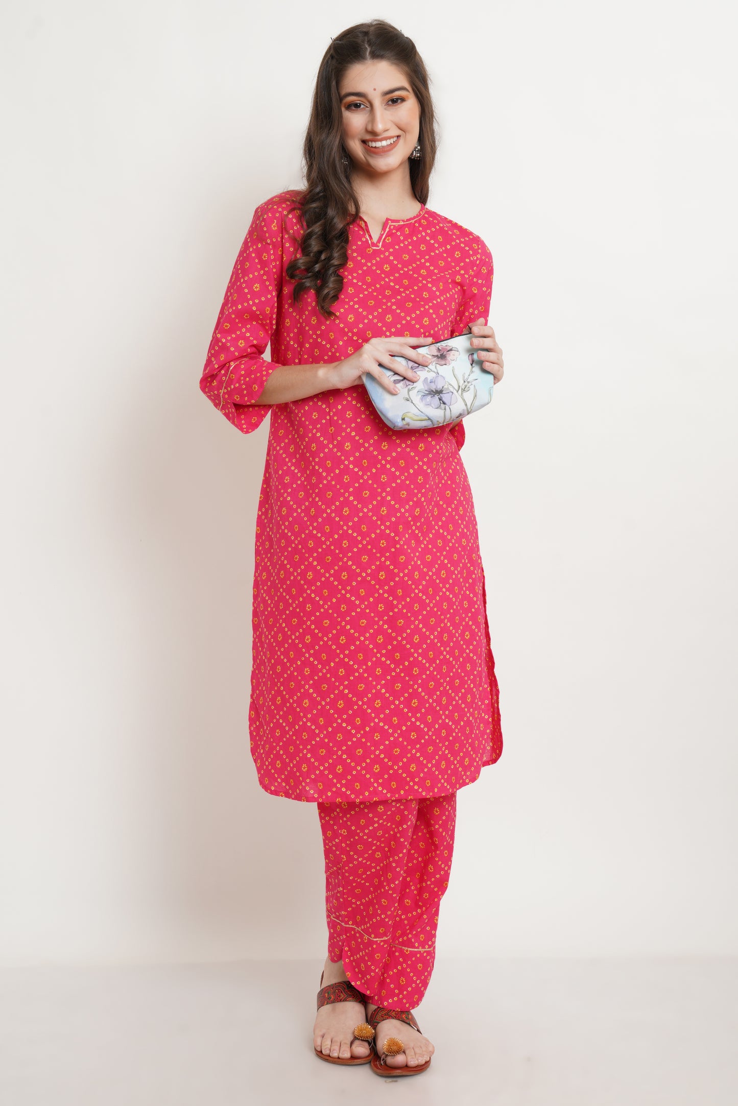 Jaipuri Cotton Printed Straight Kurti with Pant (Set) for Women