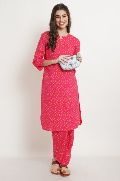 Jaipuri Cotton Printed Straight Kurti with Pant (Set) for Women