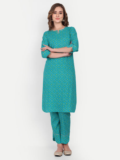 Jaipuri Cotton Bandhej/Bandhani Straight Kurta with Pant (Set) for Women