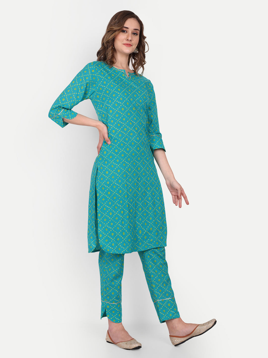 Jaipuri Cotton Bandhej/Bandhani Straight Kurta with Pant (Set) for Women