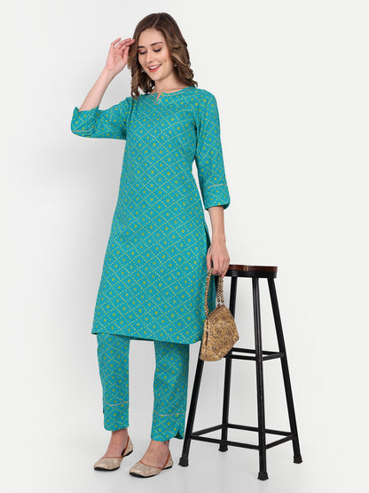 Jaipuri Cotton Bandhej/Bandhani Straight Kurta with Pant (Set) for Women