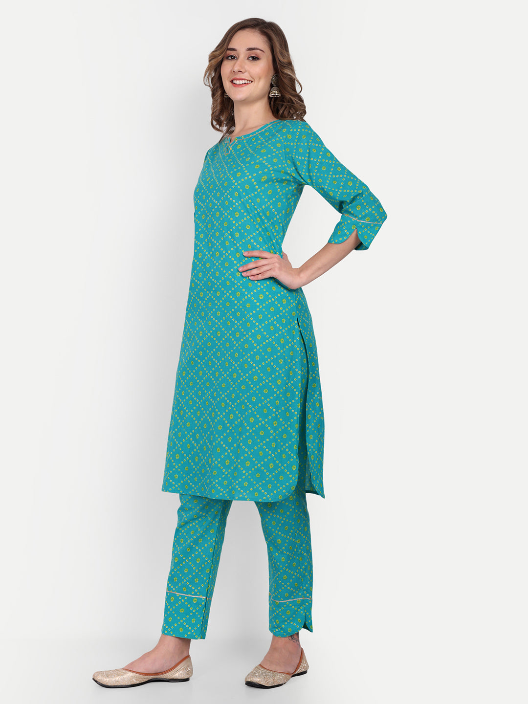 Jaipuri Cotton Bandhej/Bandhani Straight Kurta with Pant (Set) for Women