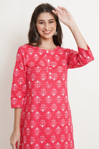 Floral Printed Pure Cotton Straight Kurta Set in Coral Red