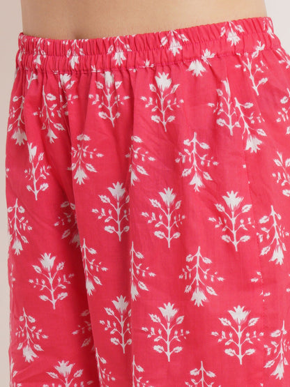 Floral Printed Pure Cotton Straight Kurta Set in Coral Red