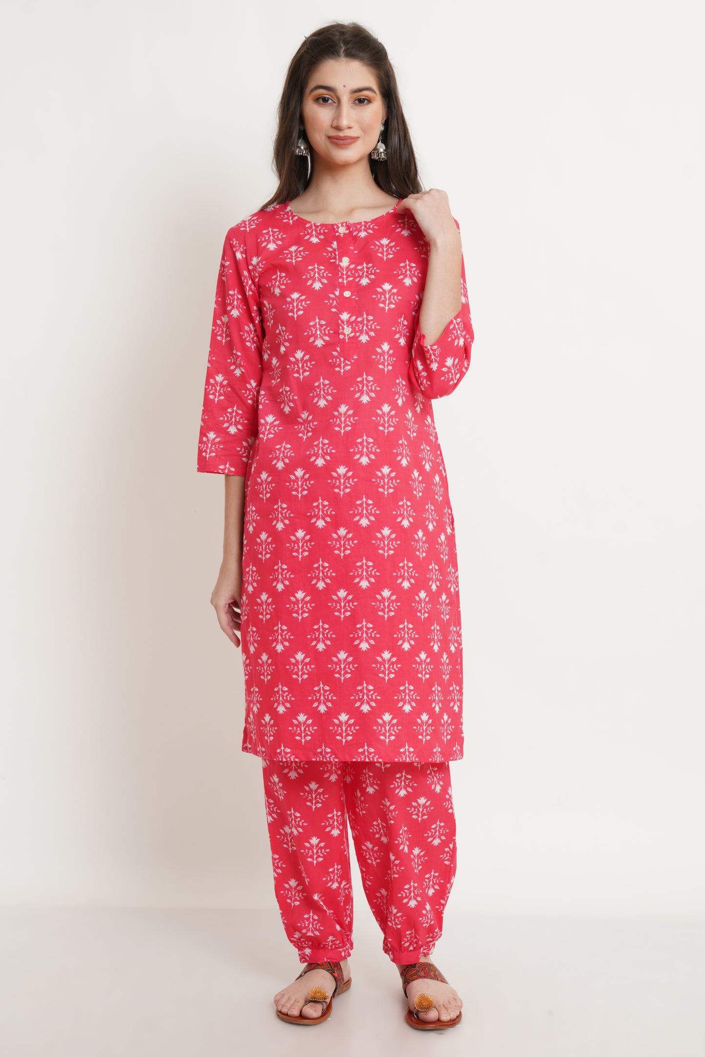 Floral Printed Pure Cotton Straight Kurta Set in Coral Red