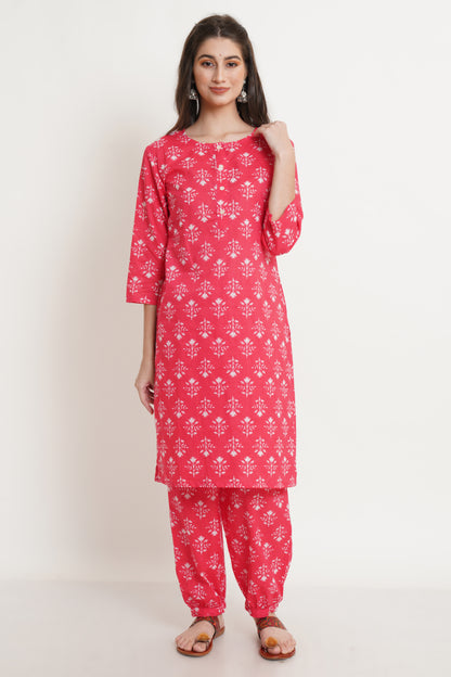 Floral Printed Pure Cotton Straight Kurta Set in Coral Red