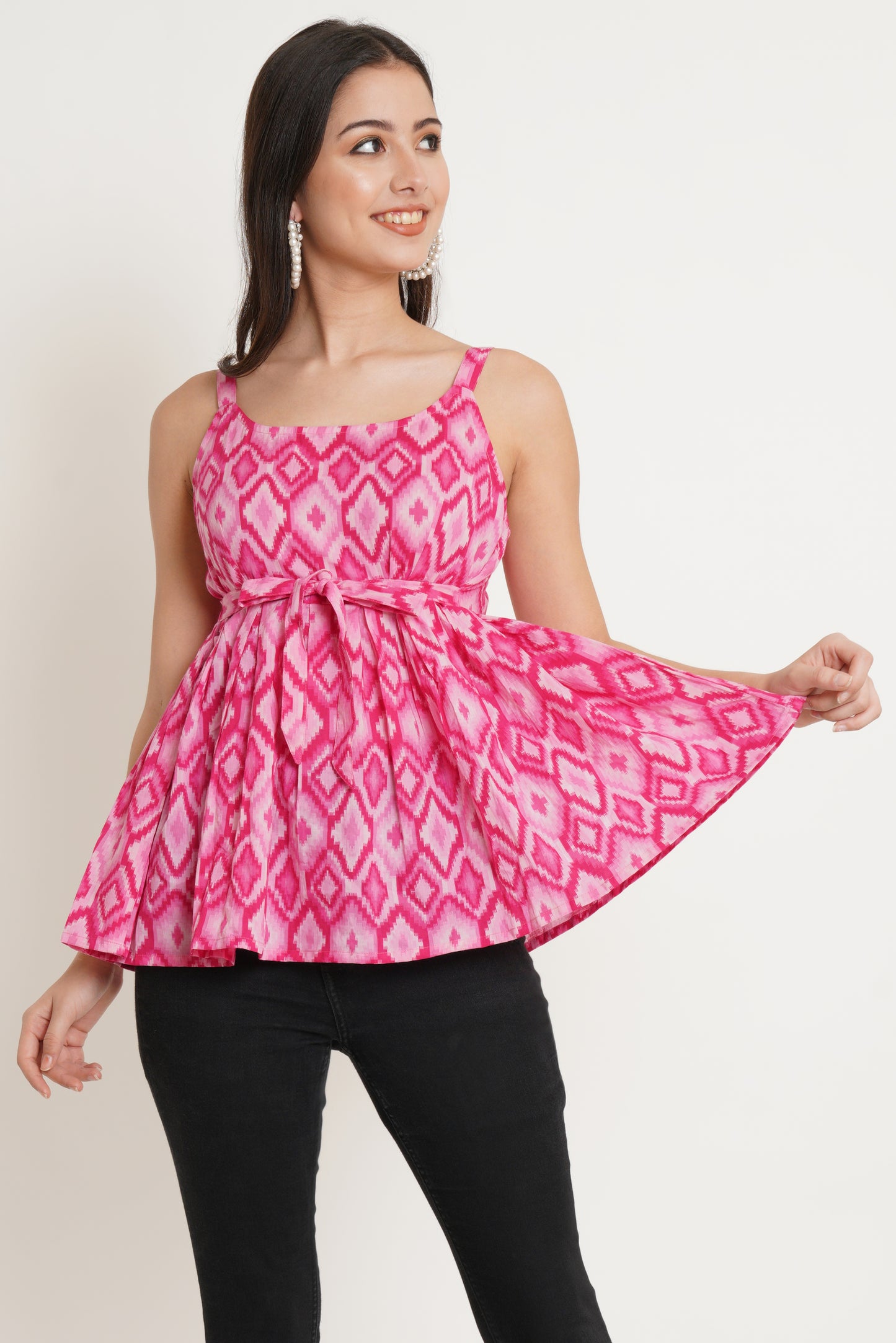 Sleeveless Top for Women Strap Shoulder Printed Pink Peplum Top