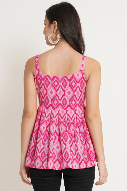 Sleeveless Top for Women Strap Shoulder Printed Pink Peplum Top