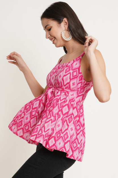 Sleeveless Top for Women Strap Shoulder Printed Pink Peplum Top