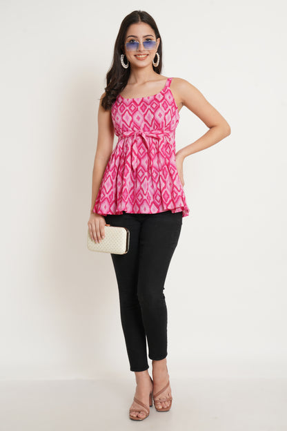 Sleeveless Top for Women Strap Shoulder Printed Pink Peplum Top