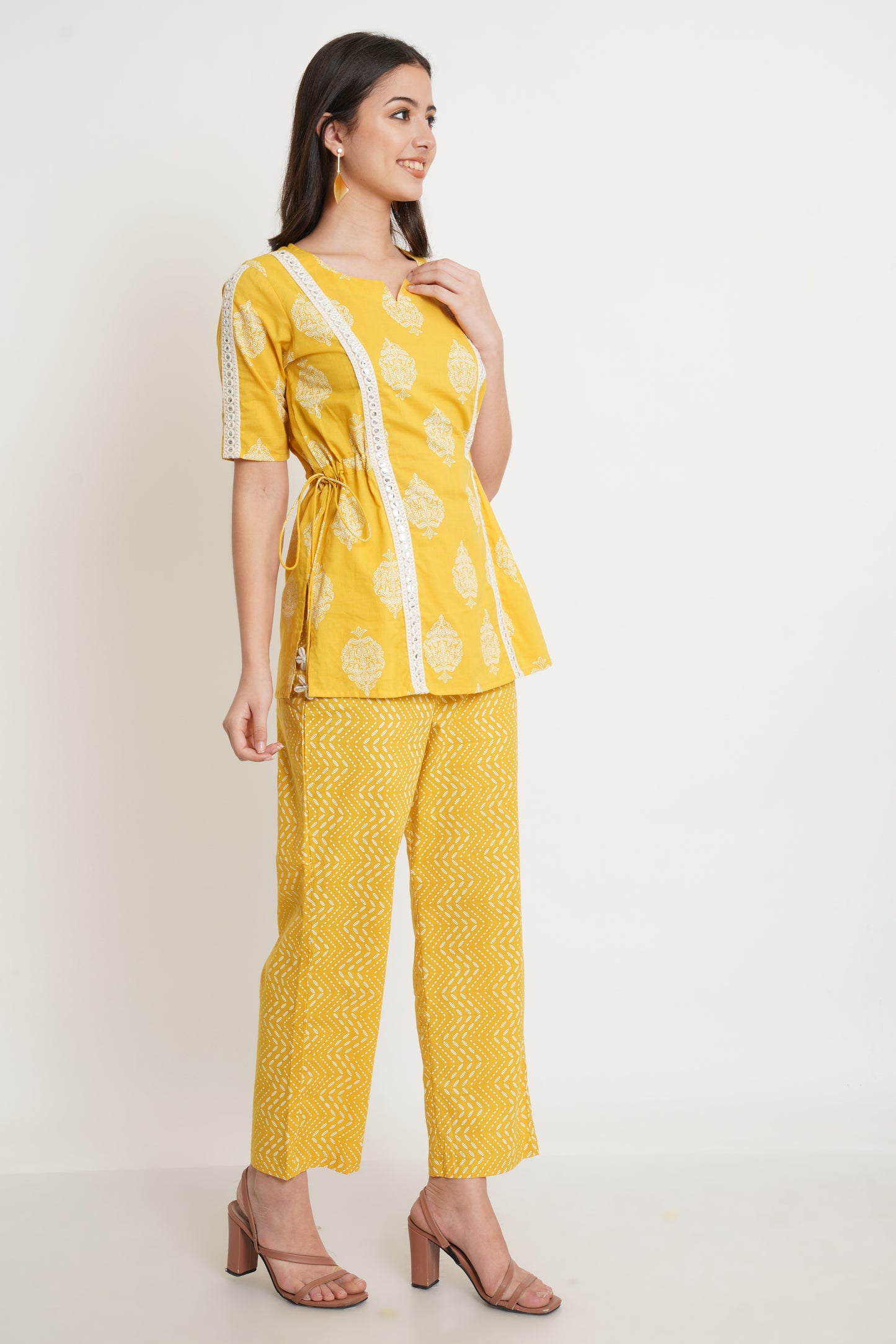 Jaipuri Cotton Printed Top with Pants Co-Ord Set for Women (Mango Yellow)