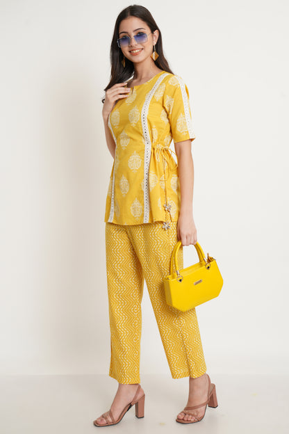 Jaipuri Cotton Printed Top with Pants Co-Ord Set for Women (Mango Yellow)