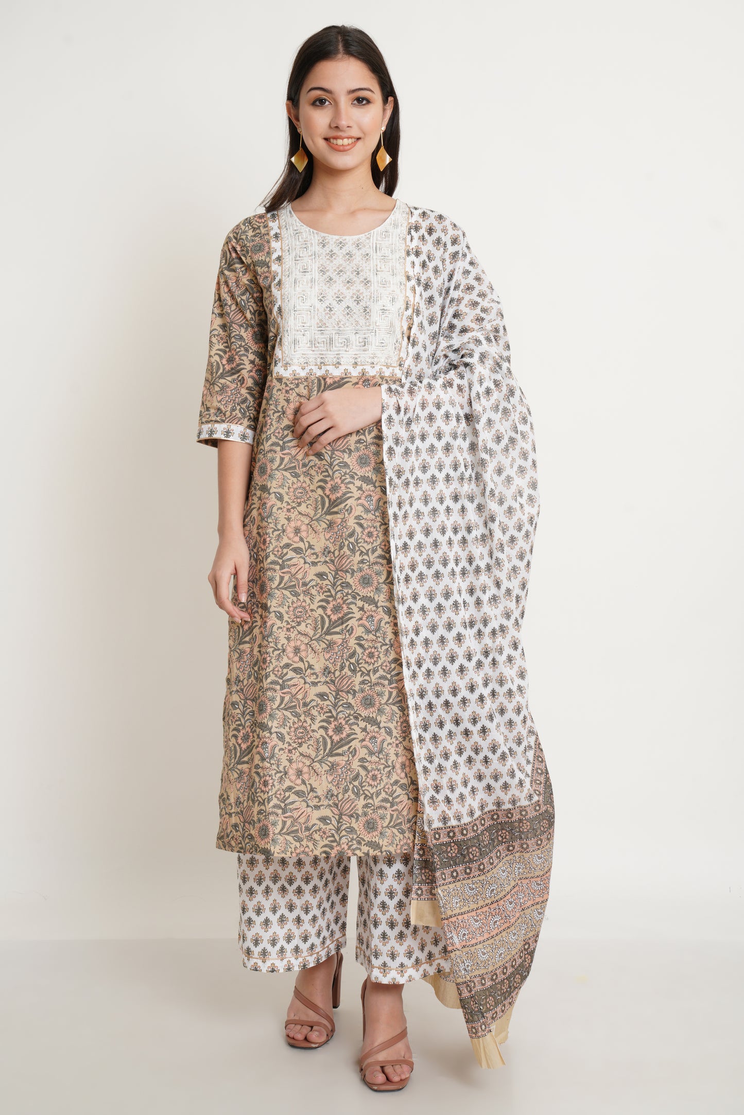 Floral Print Kurta, Palazzo & Dupatta Set