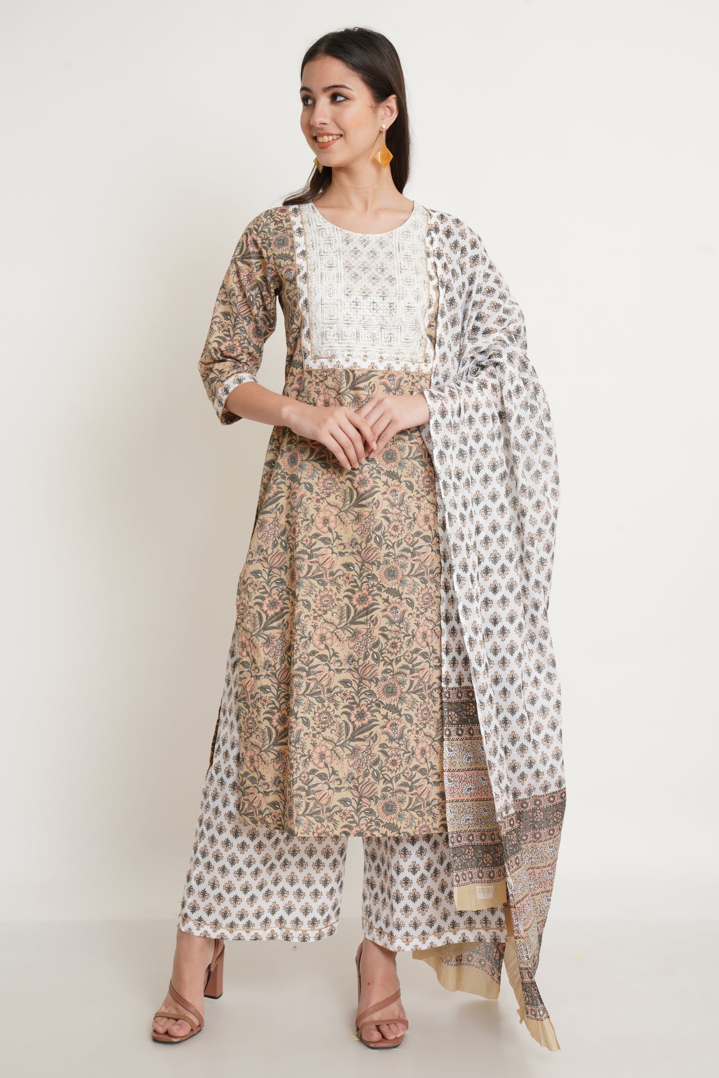 Floral Print Kurta, Palazzo & Dupatta Set