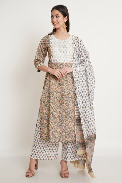 Floral Print Kurta, Palazzo & Dupatta Set