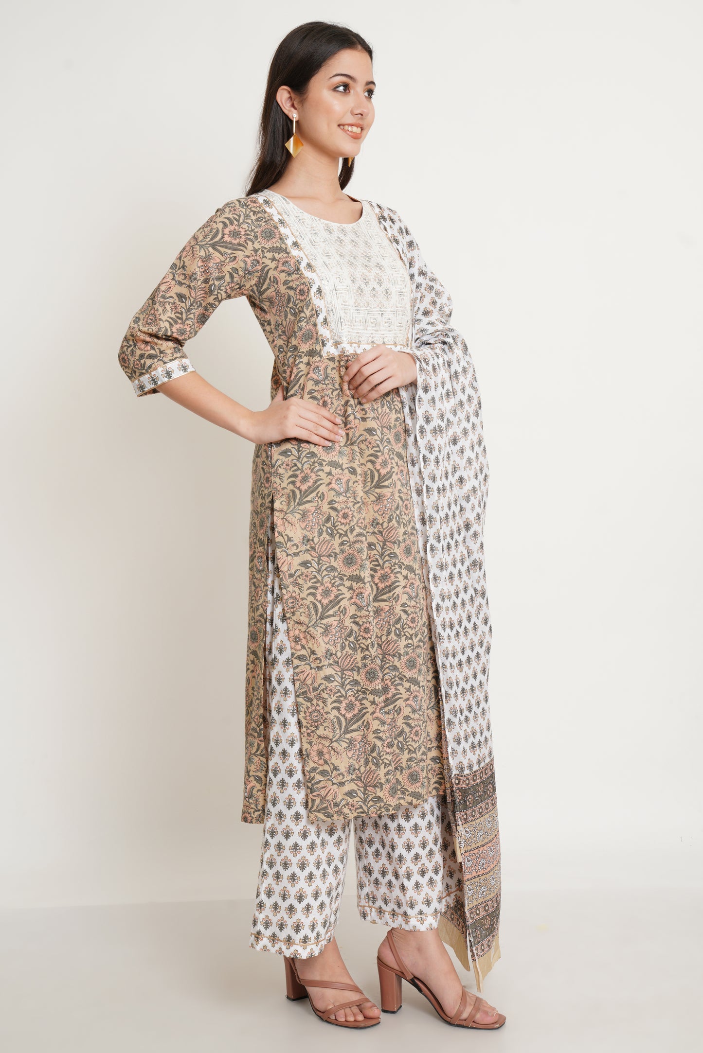 Floral Print Kurta, Palazzo & Dupatta Set