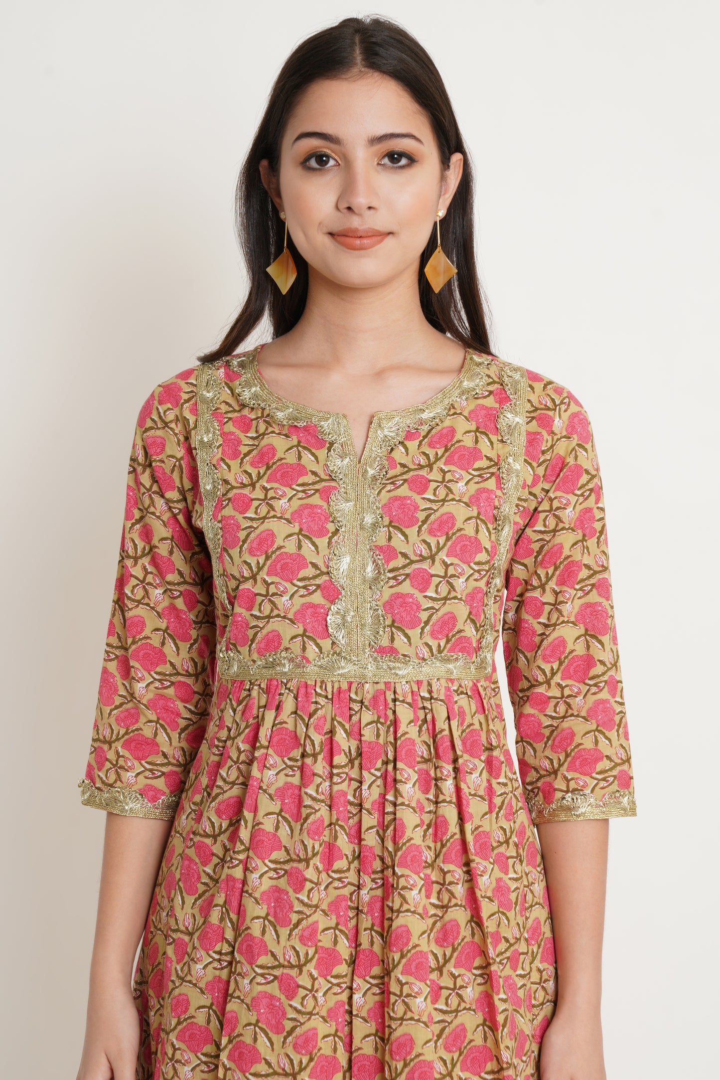 Beige Floral Printed Notched Neck A-Line Kurta with Palazzos