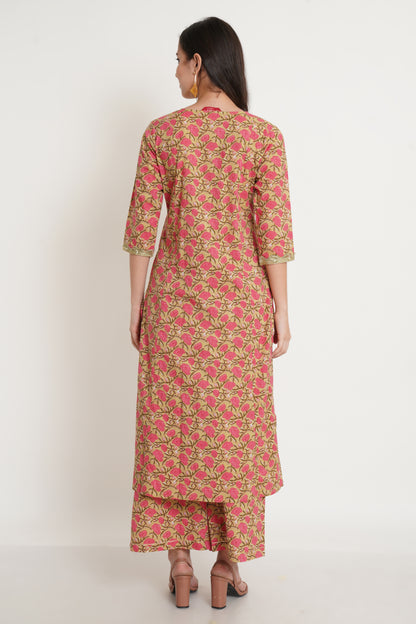 Beige Floral Printed Notched Neck A-Line Kurta with Palazzos