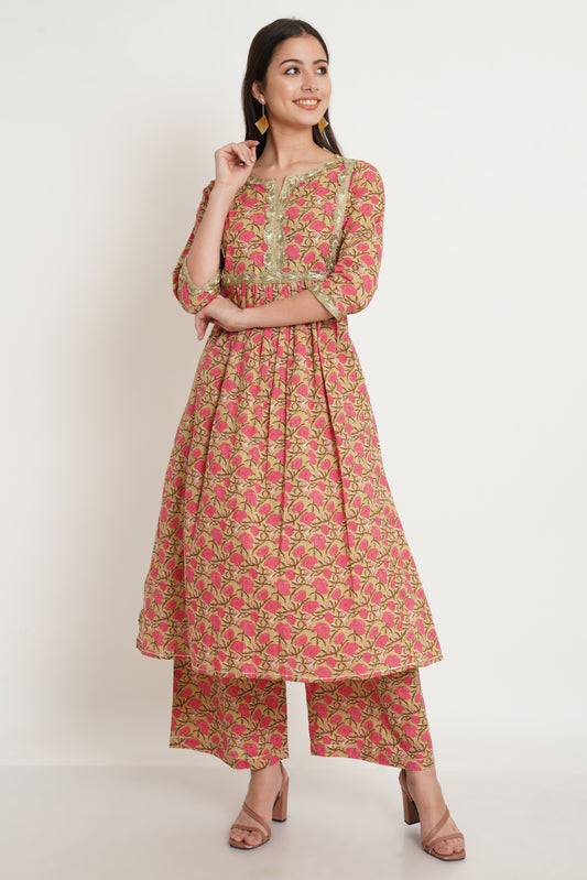 Beige Floral Printed Notched Neck A-Line Kurta with Palazzos