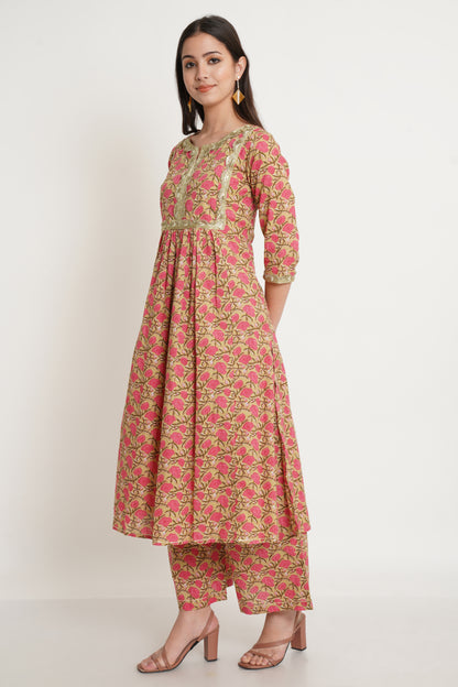 Beige Floral Printed Notched Neck A-Line Kurta with Palazzos