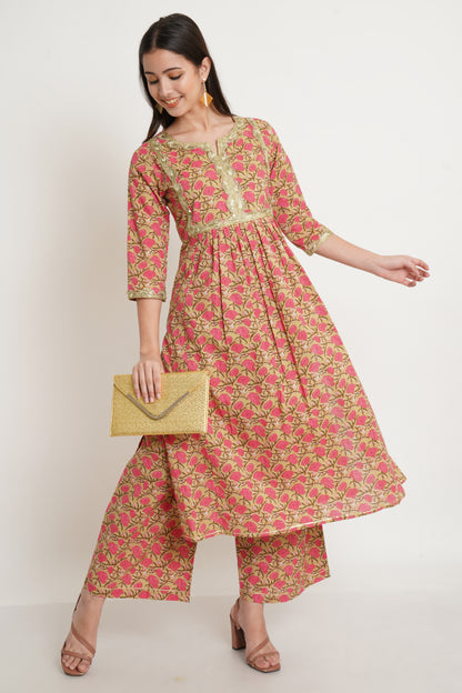 Beige Floral Printed Notched Neck A-Line Kurta with Palazzos