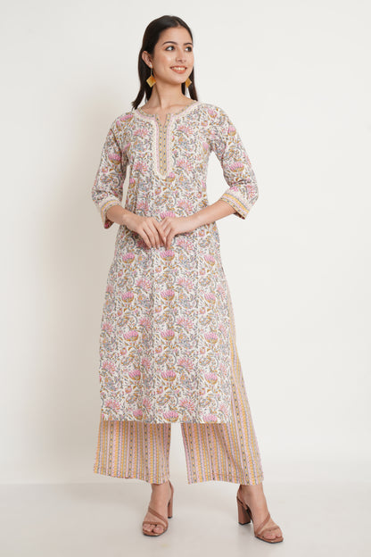 Floral Printed Notched Neck Straight Kurta with Palazzos