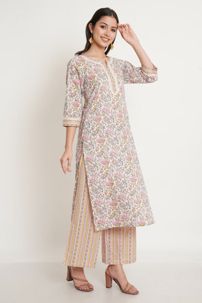 Floral Printed Notched Neck Straight Kurta with Palazzos