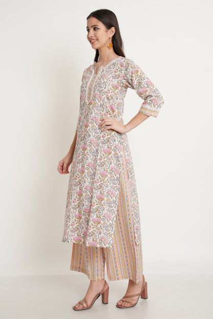 Floral Printed Notched Neck Straight Kurta with Palazzos