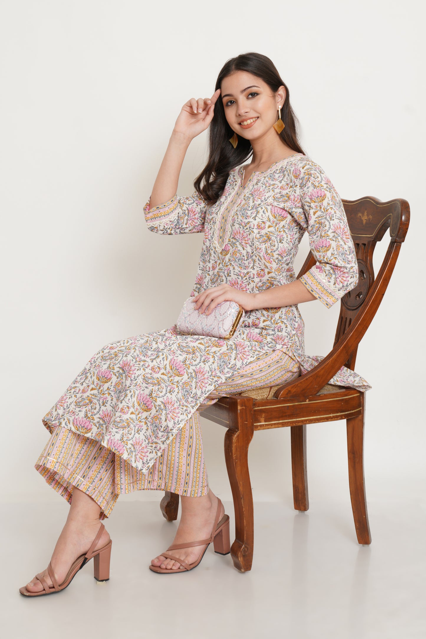 Floral Printed Notched Neck Straight Kurta with Palazzos