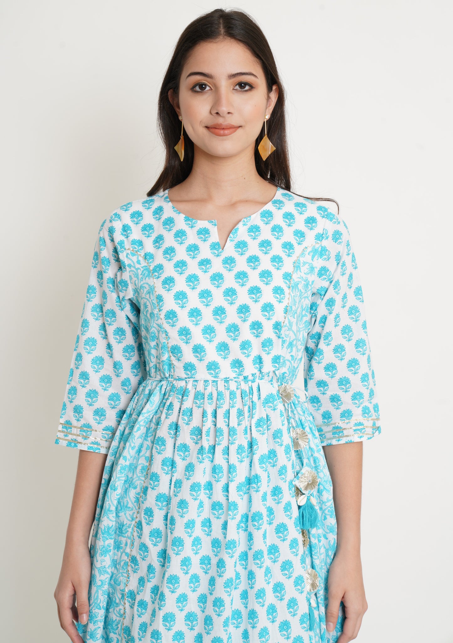 Floral Printed Pure Cotton A Line Kurta Set in White and Light Blue